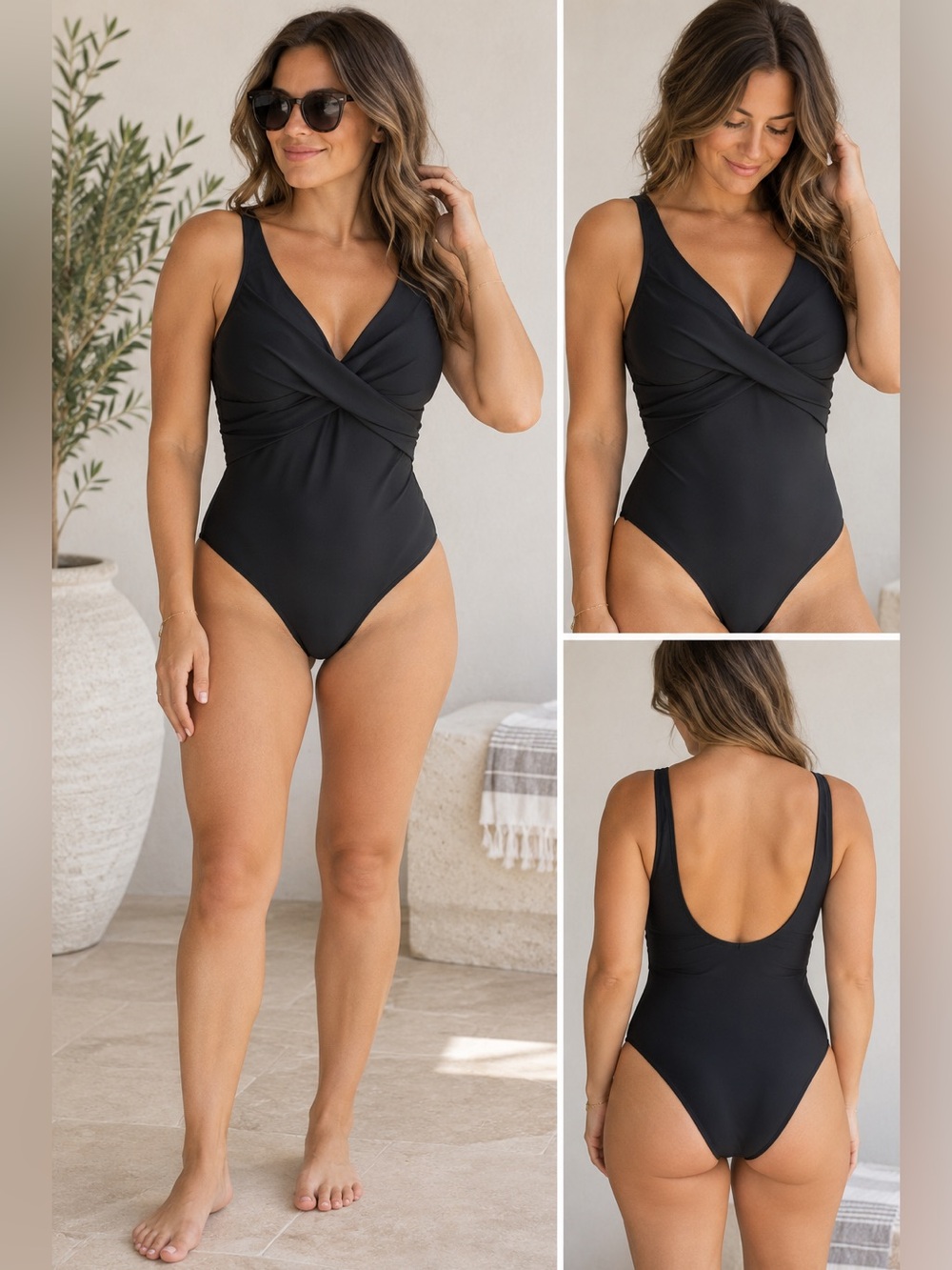 V-Neck Black One-Piece Swimsuit - Sleek Beach Essential